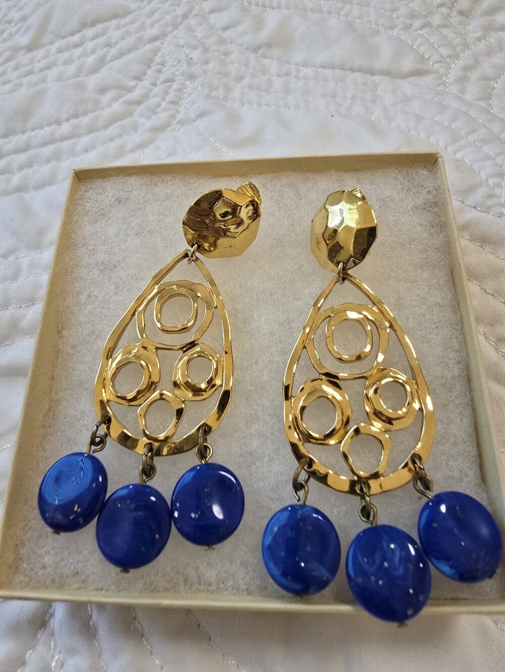 Vintage Avon. Gold and Blue Drop Statement Earrings - Women Jewelry